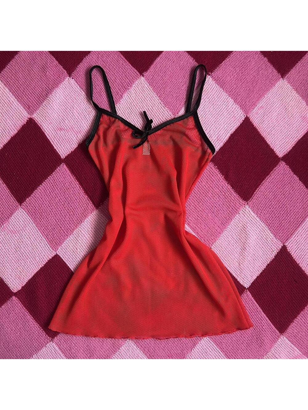 y2k red fishnet lingerie babydoll dress